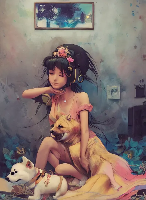 Prompt: beautiful fantasy painting of a Hiphop Lofi anime princess and her corgi chilling to music, by Kenne Gregoire, James Jean, Tran Nguyen, WLOP, Jakub Rebelka. trending on Artstation, 8k, masterpiece, face enhance, graffiti paint, fine detail, full of color, intricate detail, golden ratio illustration