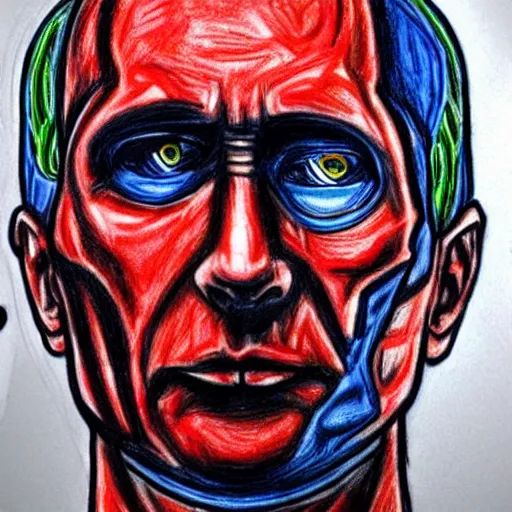 Image similar to Colored crayon drawing of Vladimir Putin as the terminator, half robotic face, red eyes glowing