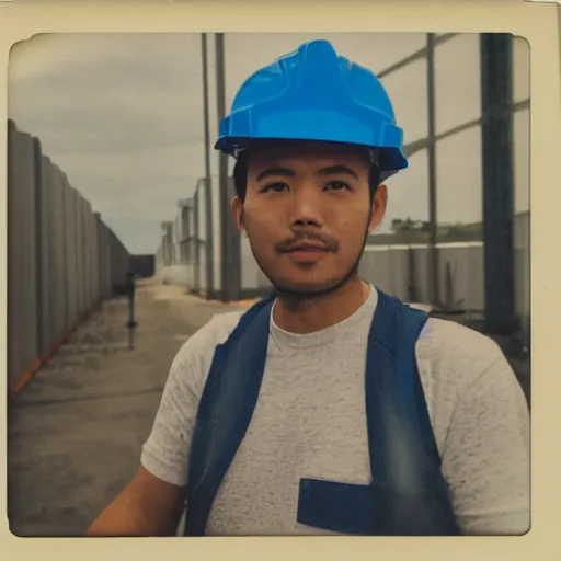 Image similar to a polaroid photo of man walking lazada logistics warehouse, he's wearing blue cloth and construction hat,, photo from behind, highly details, perfect face shape, cinematic lighting,