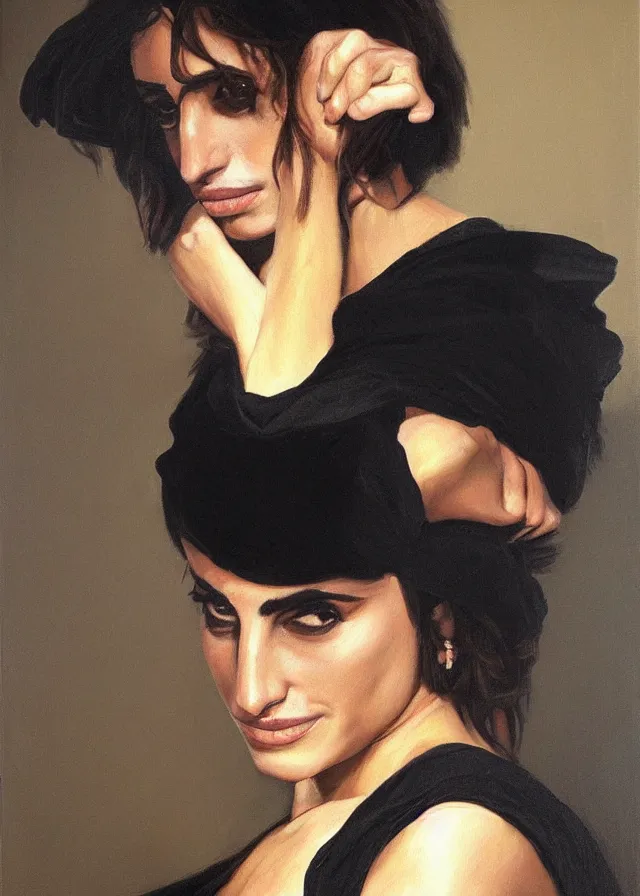 Image similar to oil painting, portrait of penelope cruz, artwork by caravaggio