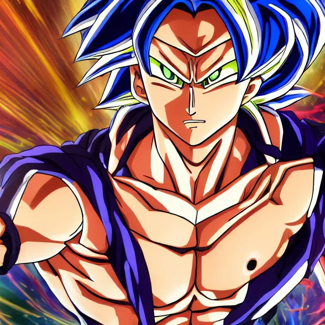 Image similar to handsome anime man goes super saiyan in the style of jojo's bizarre adventure, ultrafine hyperrealistic detailed face illustration by kim jung gi, irakli nadar, intricate linework, sharp focus, bright colors, matte, octopath traveler, final fantasy, unreal engine highly rendered, global illumination, radiant light, intricate rainbow environment