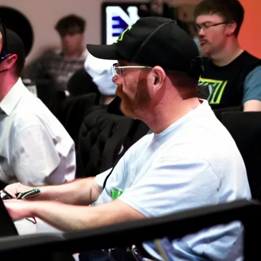 Image similar to walter white intensely gaming at esports tournament infront of crowd