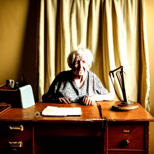 Image similar to Portrait of a mummy sitting at a very old desk, with very old curtains in the room. The desk has a very old phone on it. Dusty air