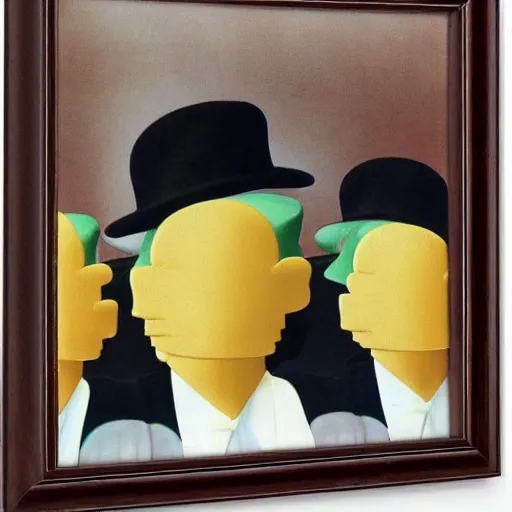 Prompt: a breakfast with friends in hats by rene magritte