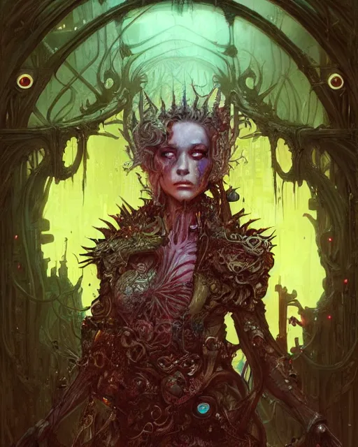 Image similar to a beautiful detailed front view portrait of a dead rotten princess with cyberpunk ornate growing around, ornamentation, elegant, beautifully soft and dramatic lit, by wayne barlowe, peter mohrbacher, kelly mckernan