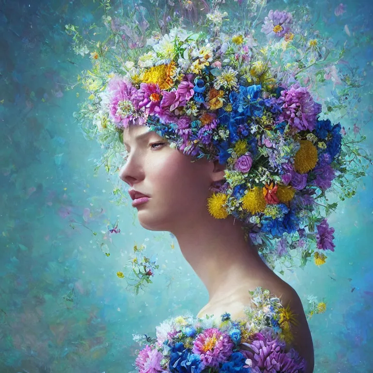 Prompt: a beautiful oil painting hyperrealism of a beautiful woman covered in flower bouquets, floral headdress, 8 k resolution, octane render, trending on artstation, by gediminas pranckevicius, volumetric light 2 blue fractal thunder glow by dan mumford, anaglyph effect, laurie lipton