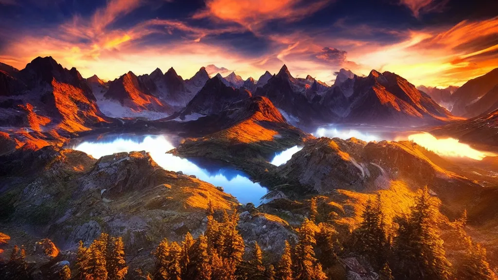 Image similar to amazing landscape photo of mountains with lake in sunset by marc adamus, beautiful dramatic lighting