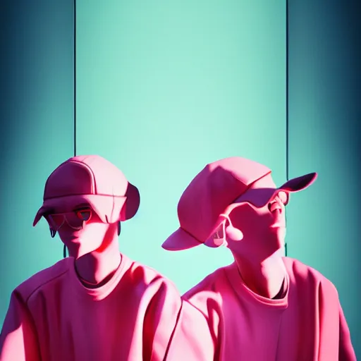 Image similar to bingo bango abstract statement piece on a set of twin ninja hypebeasts, by ilya kuvshinov and james jean and hiroya oku and gilleard james, artstation trending, 8 k, 3 d render, photorealistic, volumetric lighting caustics, pink