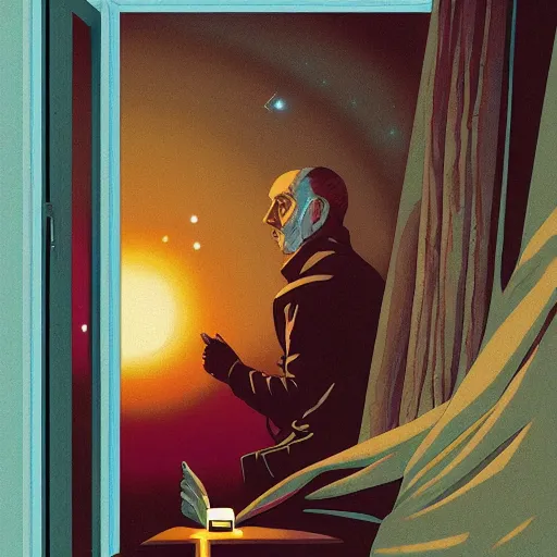 Prompt: poster artwork by Michael Whelan and Tomer Hanuka, Karol Bak of the last alchemist looks out his window at the stars, from scene from Twin Peaks, clean, simple illustration, nostalgic, domestic, full of details