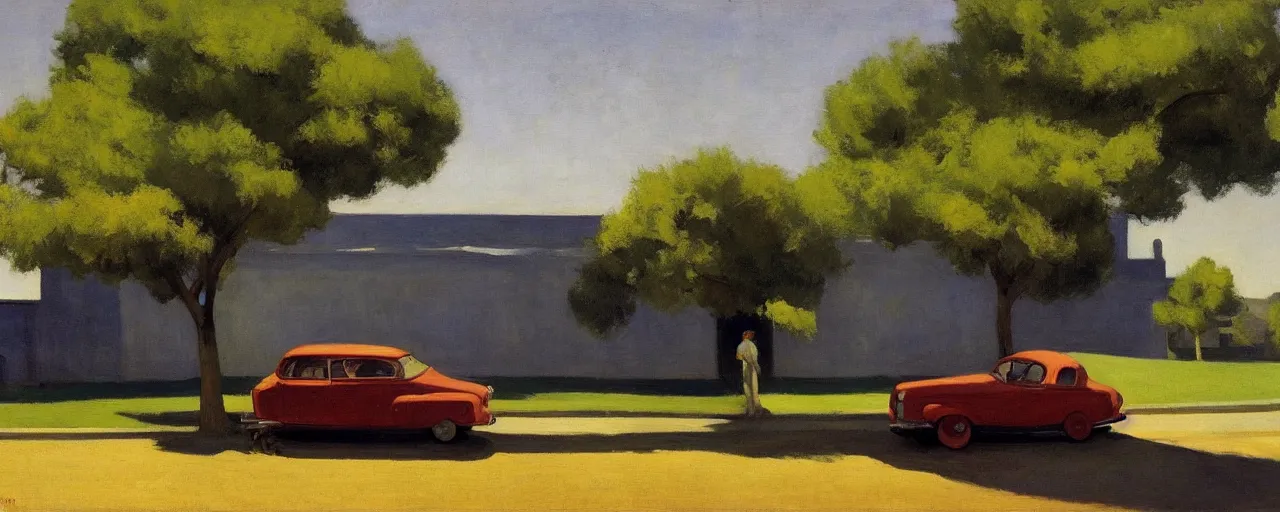 Prompt: car parked in the shade under a tree, edward hopper