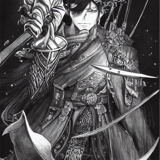 Prompt: a handsome golden magic swordsman glides through a beautiful battlefield magic the gathering dramatic esoteric pen and ink illustrated in high detail by Tatsuki Fujimoto