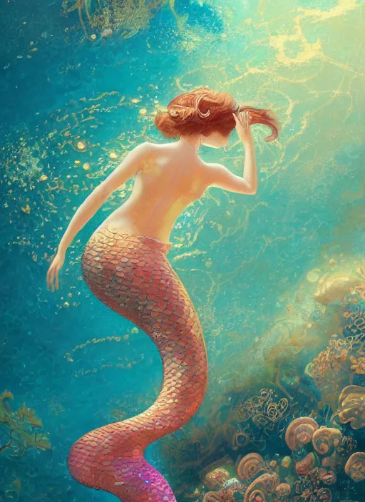 Prompt: harmony ( golden glimmering mermaid brown haired cute yoongi ), under water swimming, colorful coral, muted colors, wlop, james jean, victo ngai, highly detailed, fantasy art by craig mullins, thomas kinkade