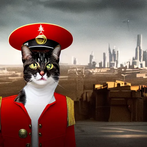 Image similar to a cat wearing a general\'s hat, it has an arrogant look in it\'s eyes and looks down at you, a war torn city in the background, epic full shot, cinematic lighting, professional photography, sharp focus, octane render, highly detailed, very realistic, photorealistic, Artstationhd, 8k, award winning on Artstation, hyper detailed, hyper realistic