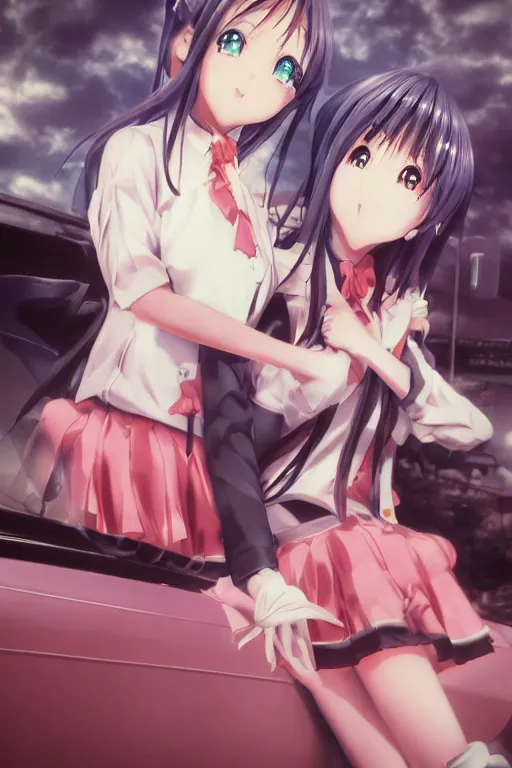 Image similar to 3D anime poster by D. Jun, by Mo Xiang Tong Xiu, by Igarashi Daisuke, Unreal Engine Infrared photo, beauty anime schoolgirls in Japanese maid's clothes and hugging inside a JDM car at night in a parking lot, anime vintage colors, polaroid, foggy, smoke, daz 3d, octane render, trending on artstation, volumetric light, cinematic render, ultra realistic, oil painting