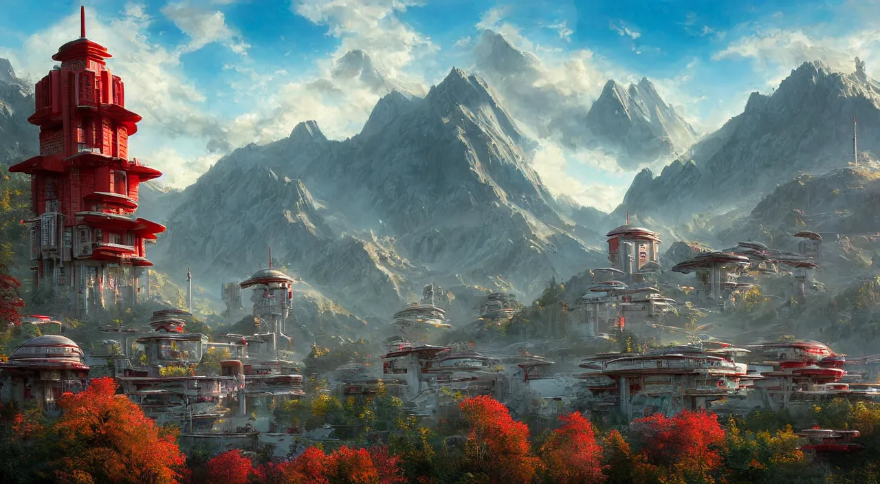 Image similar to futuristic sci-fi city under Kashmir mountains, mosques made of wood in ornate style, and hill valley grec greeble glory island little wood bridge painting of tower, maple with red leaves, and cottages ivy plant in marble late afternoon light, wispy clouds in a blue sky, by frank lloyd wright and greg rutkowski and ruan jia