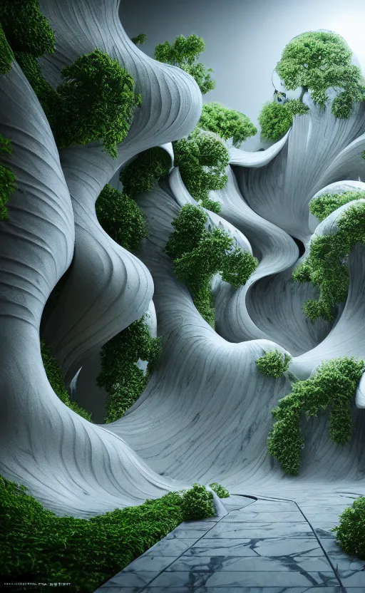 Prompt: highly detailed ultra sharp 3 d render cinematic composition of a smooth ceramic porcelain magnolia stone white fluid fractal sci - fi surreal architecture landscape, marble gold details, magnesium, foliage, archviz, vincent callebaut composition, mamou - mani, beautiful lighting, 8 k, unreal engine, hdr, dof