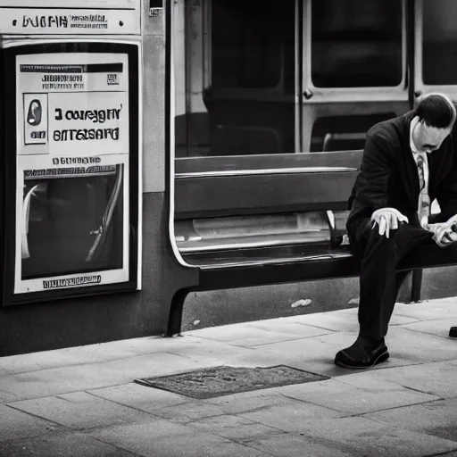 Prompt: the man waiting on bus station, he is angry because the driver didn't stop, he's tired after all day work, with many negative emotions inside his head, hyper detailed, realistic photography, 4k,