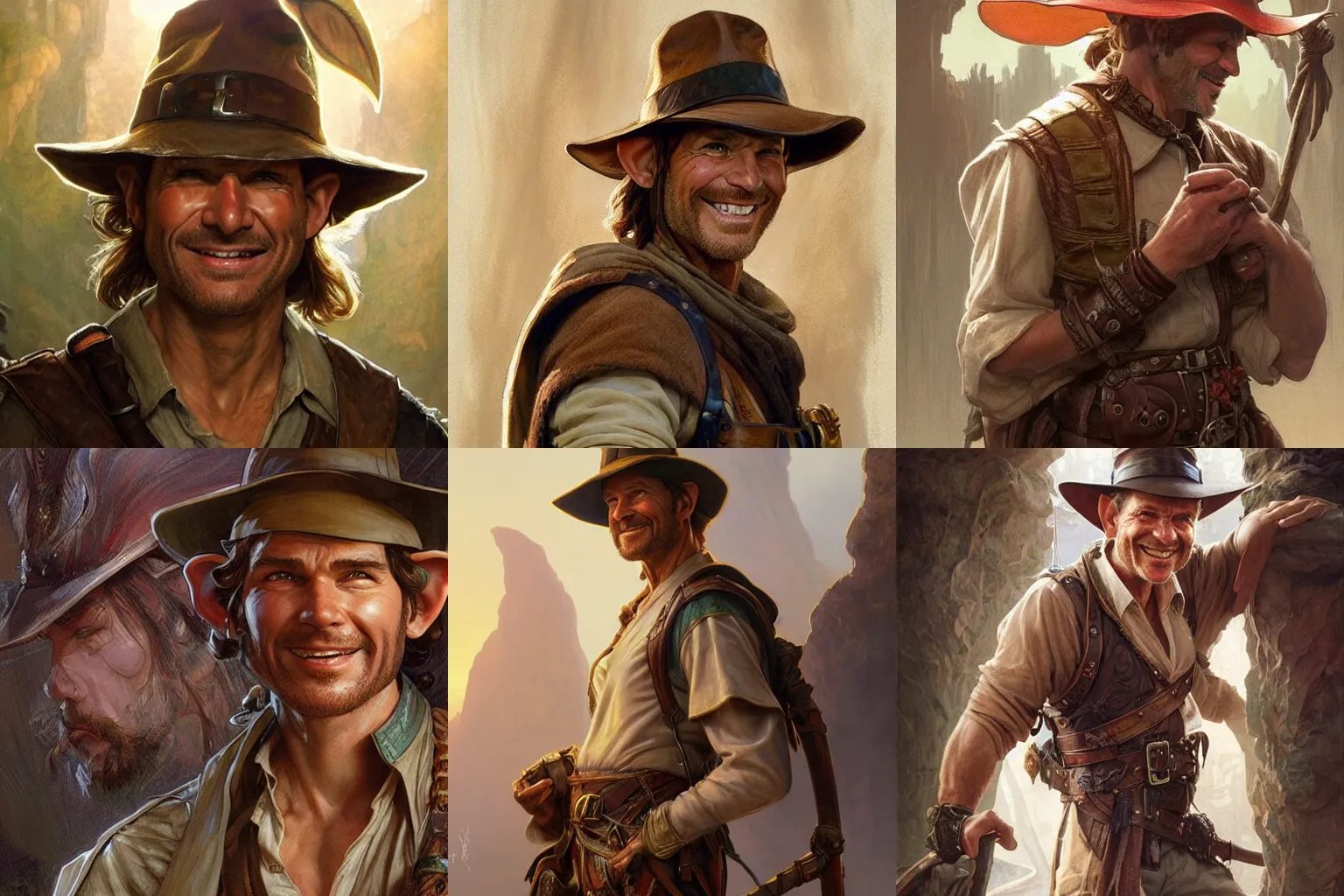 Prompt: a smiling elf man who looks like Indiana Jones, wearing dirty travelling clothes, D&D, fantasy, intricate, cinematic lighting, highly detailed, digital painting, artstation, concept art, smooth, sharp focus, illustration, art by Artgerm and Greg Rutkowski and Alphonse Mucha