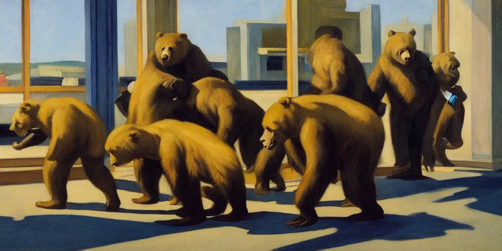 Image similar to edward hopper's painting, of a group of werebears robbing a bank