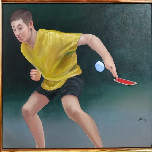 Image similar to Dy mace duke luajtur pingpong me sfondin e portokalltë, oil painting