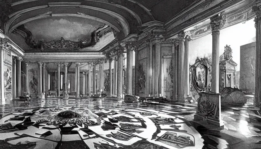 Prompt: 1 9 7 0 s movie still by andrei tarkovsky of a neoclassical sphere palace with a lake in the middle, by piranesi, heavy grain, high quality, high detailed, panoramic, ultra wide lens