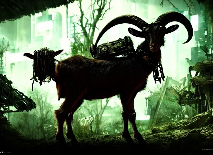 Prompt: intricate goat from overlord anime, on the background of a weird magical mechanical forest. Very detailed 8k. Fantasy cyberpunk horror. Sharp. Cinematic post-processing. Unreal engine. Nanite rendering. Ray tracing