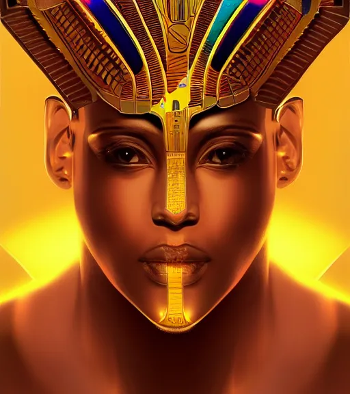 Image similar to symmetry!! egyptian god of technology, solid cube of light, hard edges, product render retro - futuristic poster scifi, lasers and neon circuits, beautiful brown skin god egyptian god, intricate, elegant, highly detailed, digital painting, artstation, concept art, smooth, sharp focus, illustration, dreamlike, art by artgerm