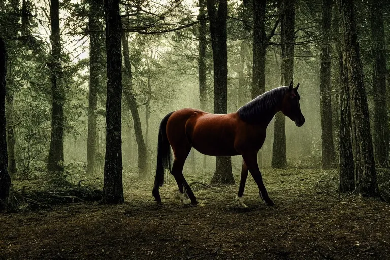 Image similar to beautiful horse in the forest evening natural light by Emmanuel Lubezki