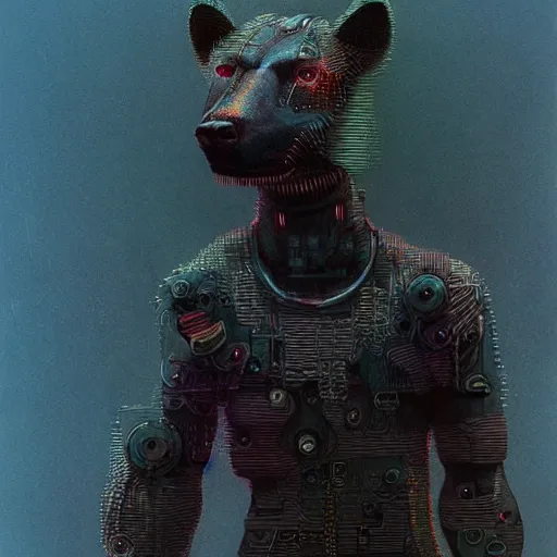 Prompt: cyberpunk robot hyena beksinski style