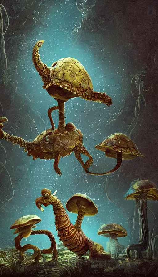 Image similar to a strange bird turtle giraffe chimera creature with scales feathers fins tusks mushrooms with other monsters on a lush fertile alien planet, fractal, in the style of shaun tan, sam shearon, dr seuss, leng jun, max ernst, patrick woodroffe, close up, bizarre, fantastic, science fiction, dramatic studio lighting, atmospheric, 3 d sculpture 8 k octane render