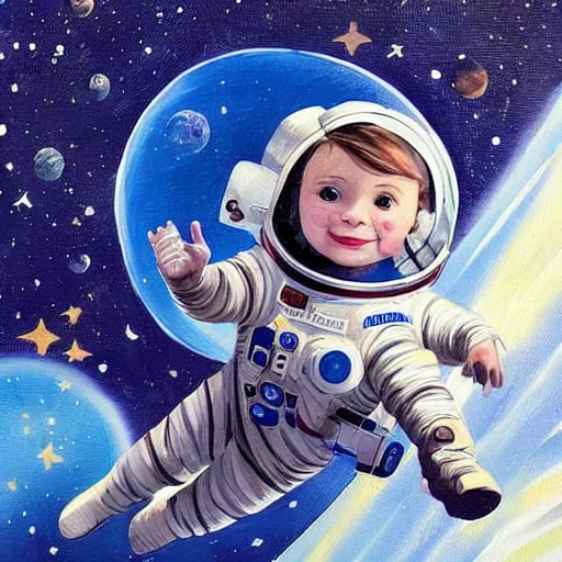 Image similar to a cute little girl with a round cherubic face, blue eyes, and short wavy light brown hair smiles as she floats in space with stars all around her. she is an astronaut, wearing a space suit. beautiful painting with highly detailed face by quentin blake and greg rutkowski