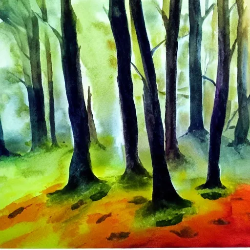 Image similar to dark forest, watercolor, oil painting