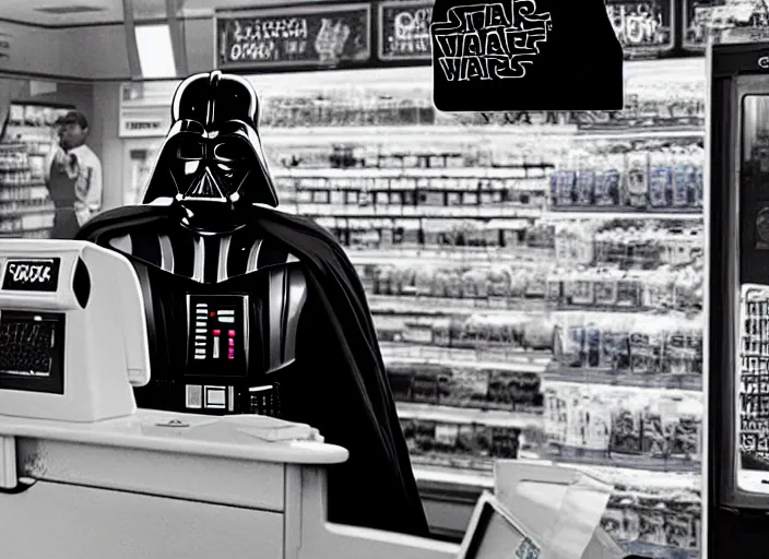 Prompt: film still of Darth Vader working as a clerk in a convenience store in the new Star Wars movie, 4k, black and white