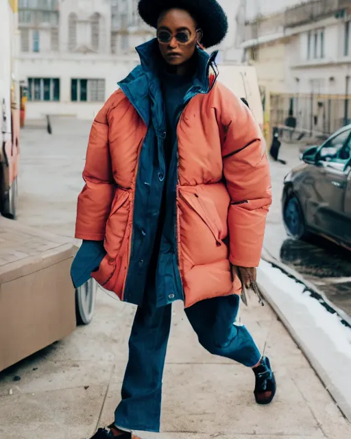 Image similar to a puffy and oversized winter jacket mango fruit jacket, worn by a very thin woman, designed by virgil abloh and wes anderson, photorealistic, modern