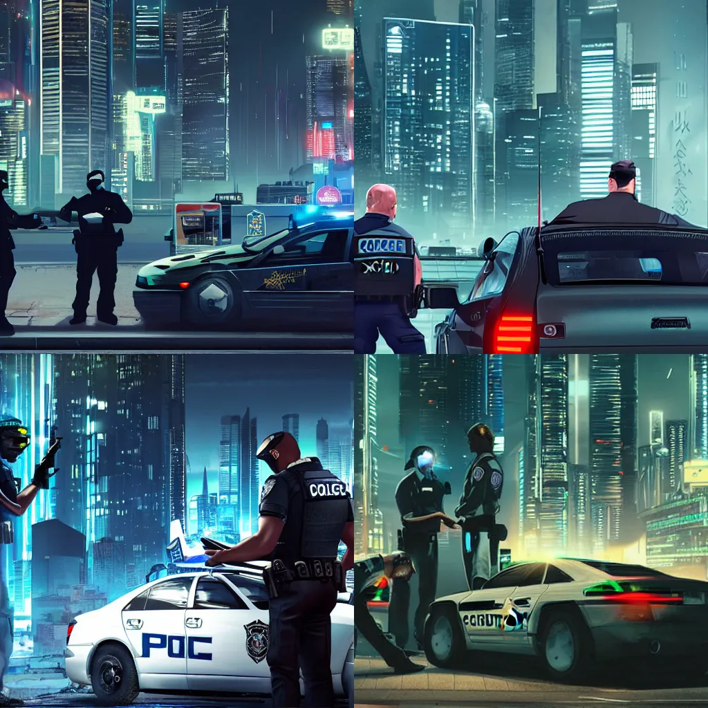 Prompt: cyberpunk cops writing tickets for illegally parked vehicles