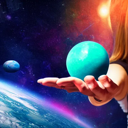Image similar to yoga instructor holding a planet in her hands in space, trending on art station, cinematic shot, magical colors and atmosphere, perfect composition, coherent, 8 k