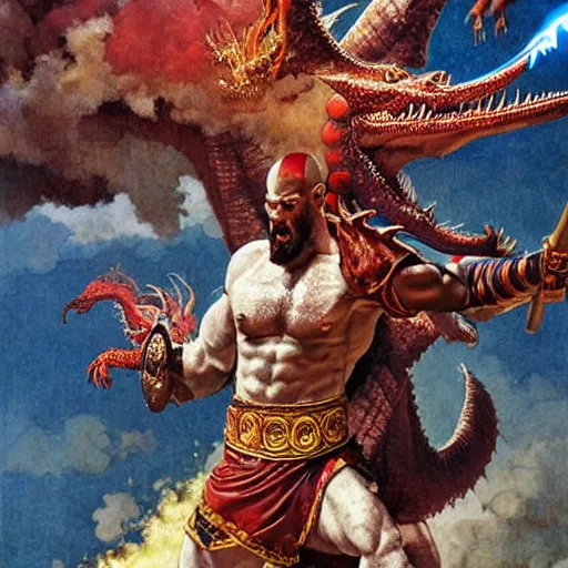 Image similar to a detailed rendition of kratos as lebron james riding a gigantic fire breathing dragon, art by norman rockwell