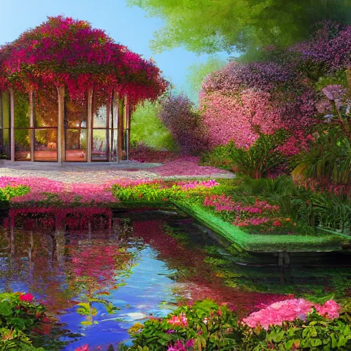 Prompt: a glass house in the center of a spanish garden, sunrise, blooming flowers, swimming pool, highly detailed, digital painting, artstation, in a baroque style, 4 k