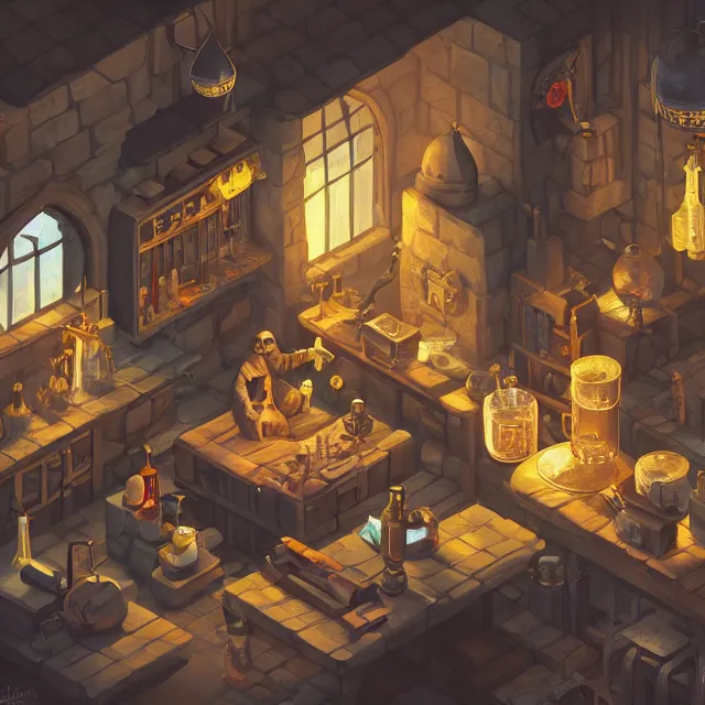 Prompt: an isometric digital painting of a cosy medieval alchemist's laboratory by yusuf artun, highly detailed, volumetric lighting, digital art, isometric, artstation hd