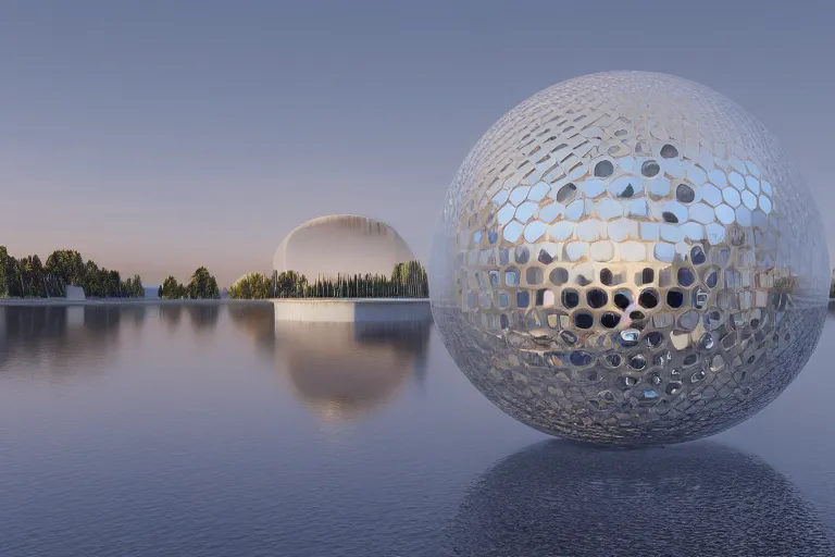 Prompt: many white round spherical buildings, it depends on each other to form a modern science fiction building ， by pierre bernard, on the calm lake, people's perspective, future, interior wood, dusk, unreal engine highly rendered, global illumination, radial light, internal environment