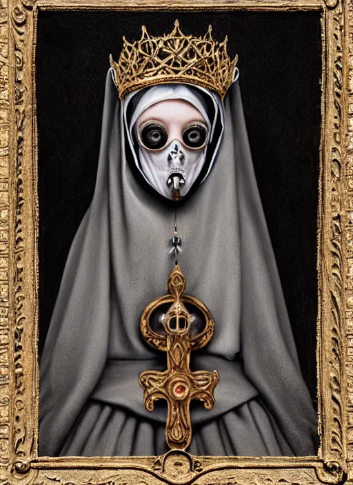 Image similar to highly detailed closeup portrait of a goth medieval nun wearing a crown and a gas mask sitting on a throne, nicoletta ceccoli, mark ryden, lostfish, global illumination, god rays, detailed and intricate environment