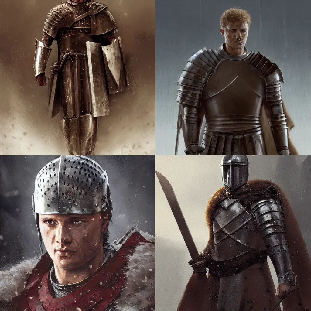 Prompt: Lucius Vorenus from HBO Rome as a stark medieval knight by Greg Rutkowski and J.Dickenson