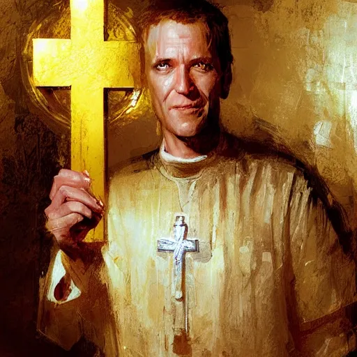 Image similar to Portrait painting of a christian priest holding a golden cross by his hands by greg rutkowski and Craig Mullins