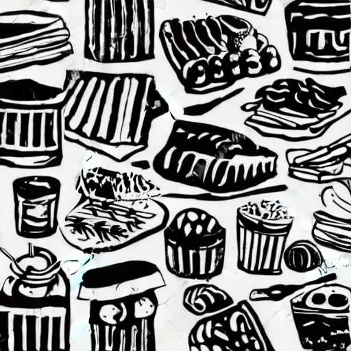 Prompt: a pattern of small marker paintings of street food with off - white background in black and white