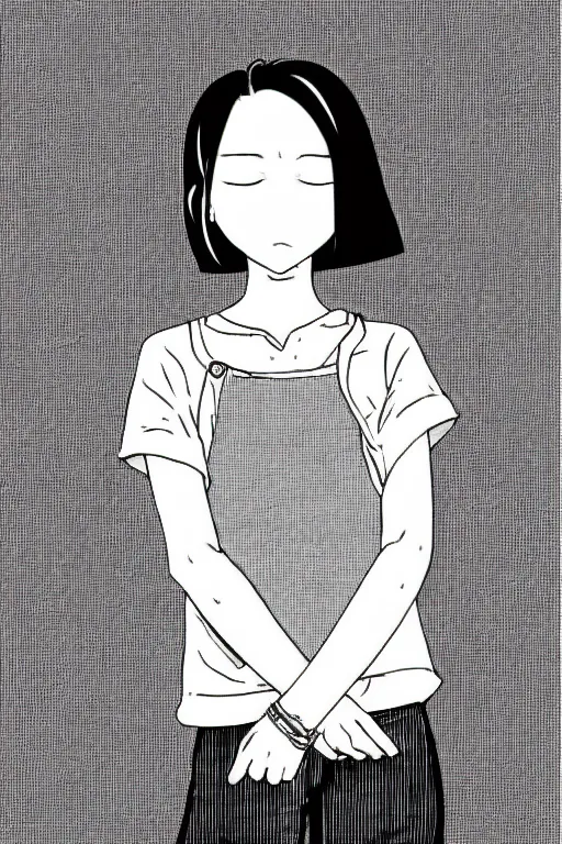 Prompt: portrait of a girl in long pants and a top, hands in pockets, eyes closed, bob haircut, digital art, black and white, lineart by kaoru mori