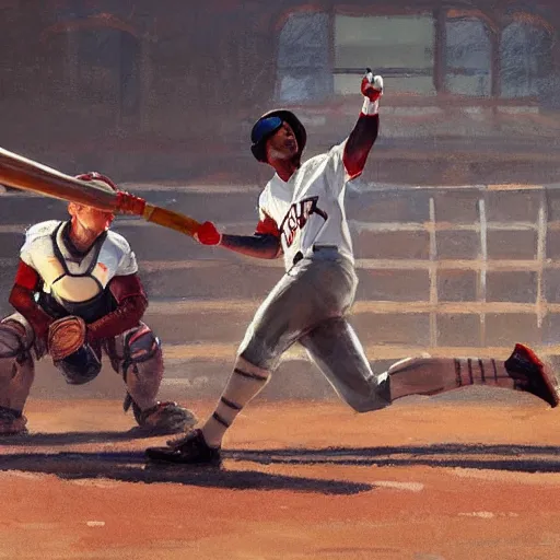 Image similar to baseball player hitting the ball with the baseball bat in the middle of the game and in front of everyone in the stadium, james gurney painting style, greg rutkowski, artstation