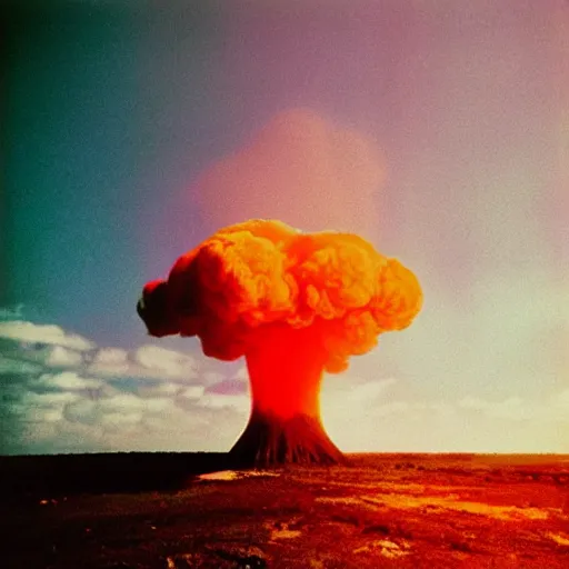 Image similar to “nuclear explosion photography, mushroom cloud, end of the world, cinestill 800t, in the style of William eggleston”