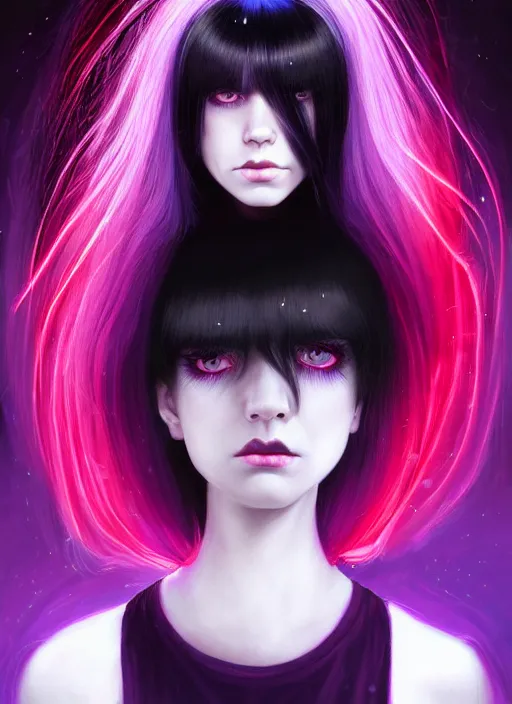 Image similar to hair blackbangs hair, white hair, blackbangs, portrait of teenage girl with white hair, red irises, purple clothes, black bangs, bangs are different color from hair, intricate, elegant, glowing lights, highly detailed, digital painting, artstation, concept art, smooth, sharp focus, illustration, art by wlop, mars ravelo and greg rutkowski