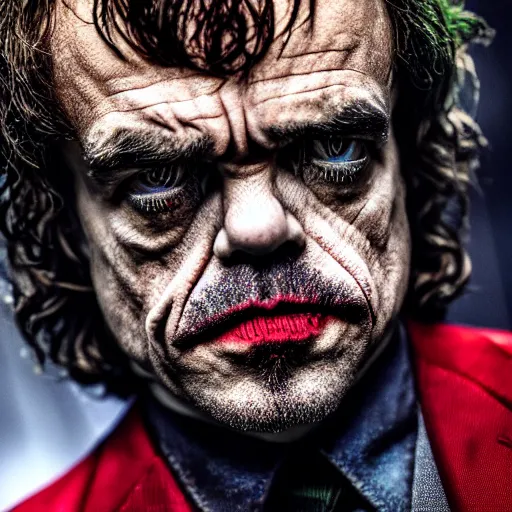 Image similar to stunning awe inspiring peter dinklage as the joker movie still 8 k hdr atmospheric lighting