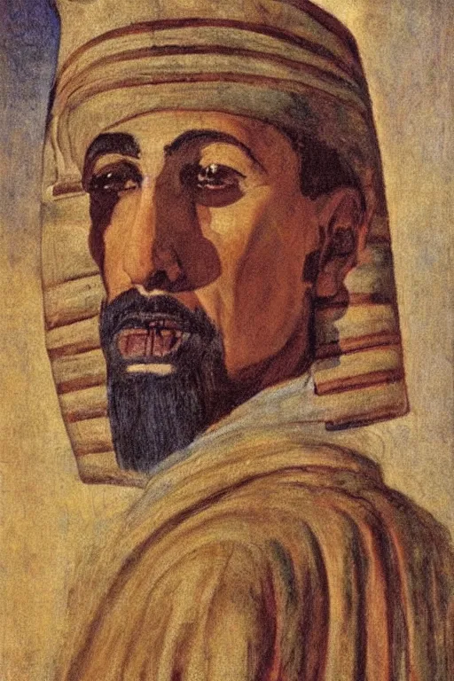 Prompt: a closer personal portrait of a a very old egyptian temple mage with very piercing eyes, very charismatic. in ancient egypt. masterpiece, ciaroscuro. painted by carl larsson